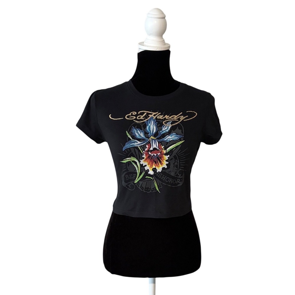 Ed Hardy Orchid Graphic Baby Tee Womens Large Black Crop Y2K Tattoo T Shirt